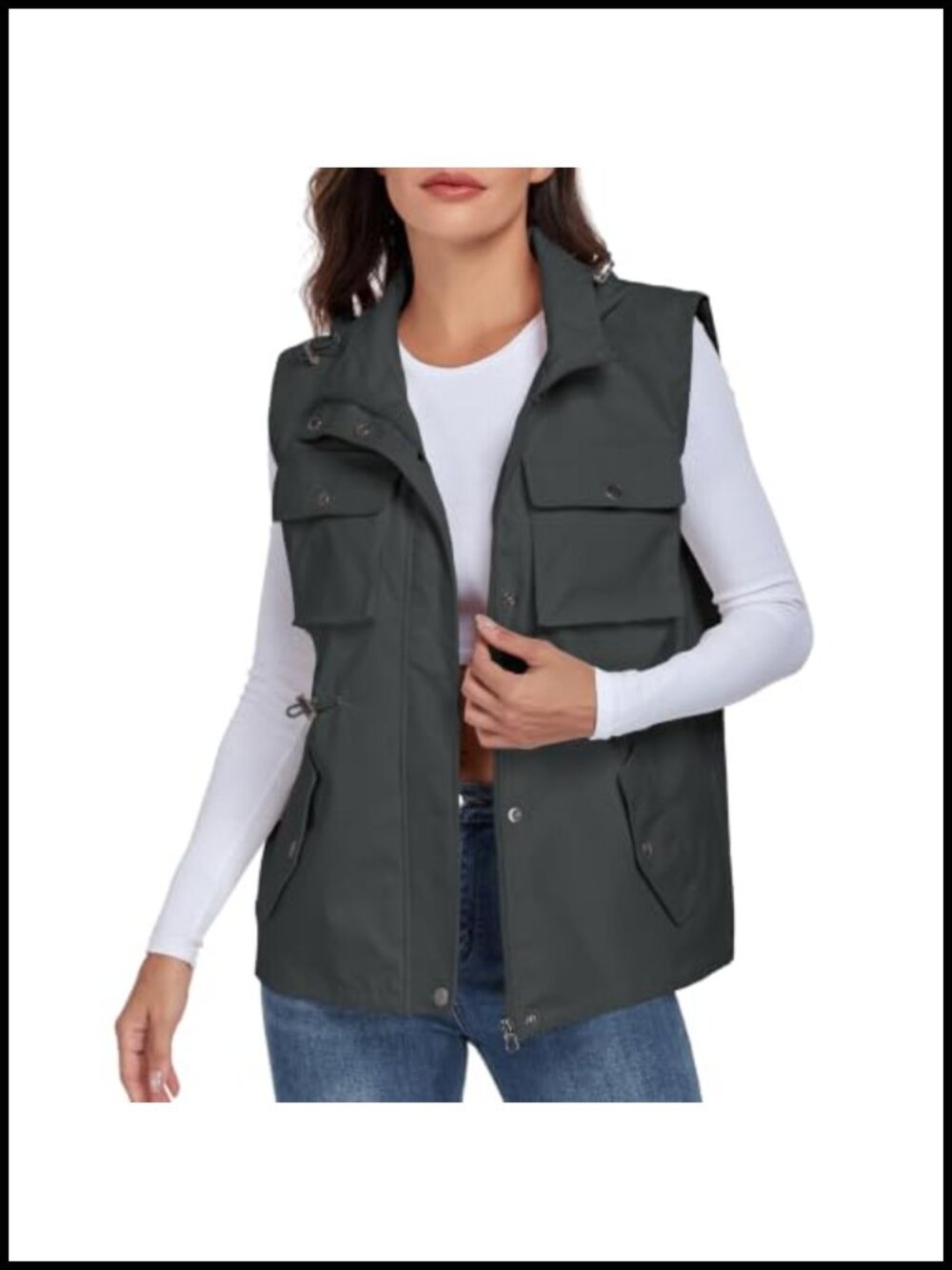 Womens Military Utility Vest Sleeveless Drawstring Zip Snap Button Hooded